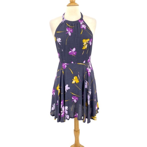Free People Dresses & Skirts - Free People Halter Swing Dress size 6‎ Gray Viscose Floral purple yellow